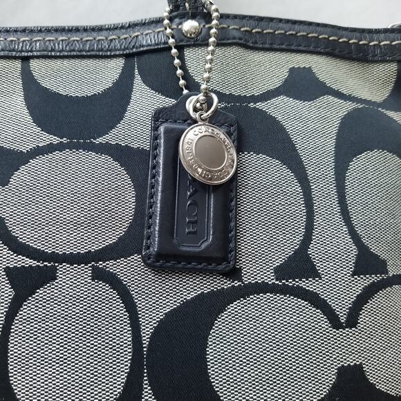 Coach Signature Black Canvas Stripe Double Handles Zipper Tote Shoulder Bag - Picture 5 of 16